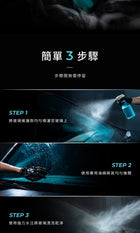 CS 玻璃維護劑三步驟：噴灑、推開、沖淨。